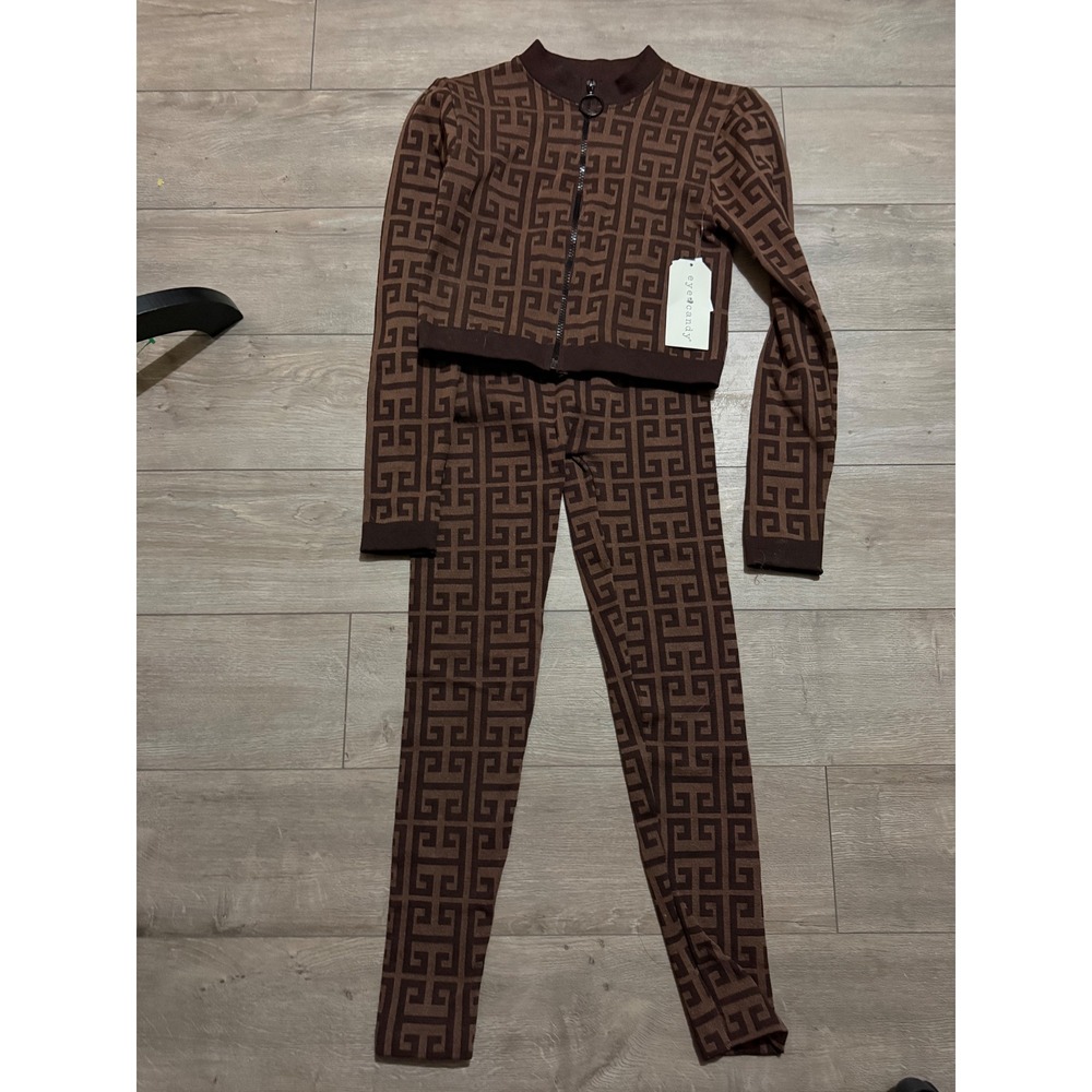 Eye Candy Women Brown Geometric Greek Key Zip Jacket and Leggings Set L/XL NWT